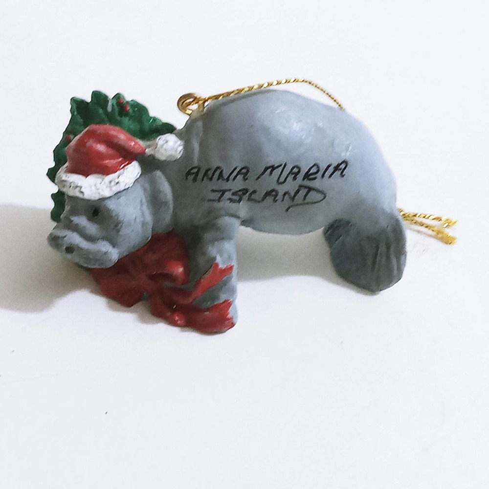 Vintage Christmas Santa Manatees Tree Ornament Holiday Presents Holly Ribbon (z)